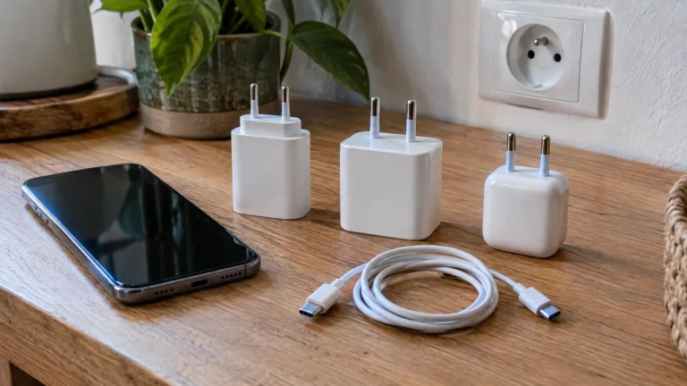 Téléphone relié à un chargeur
