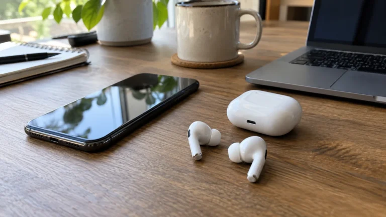 Écouteurs et smartphone sur une table
