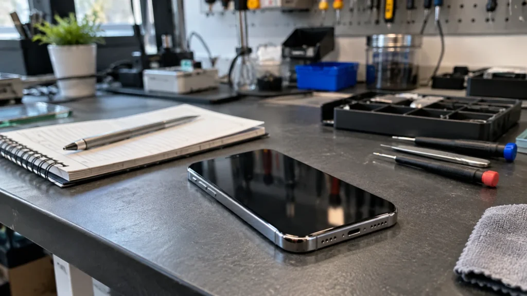 Téléphone sur un comptoir de réparation